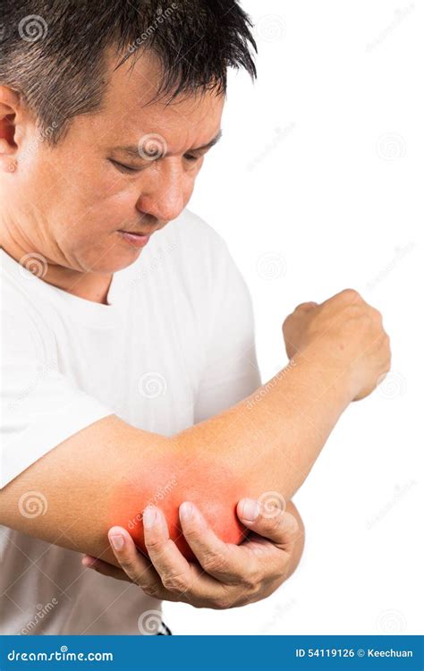 Matured Man Suffering From Sore And Painful Elbow Stock Photo Image