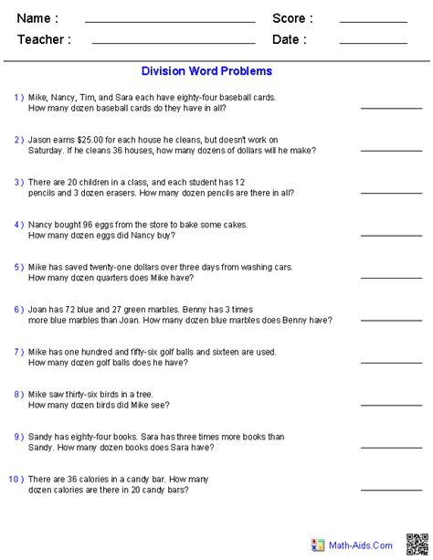 In this division word problem activity, students use work space provided solve a total of 4 word problems. Word Problems Worksheets | Dynamically Created Word Problems