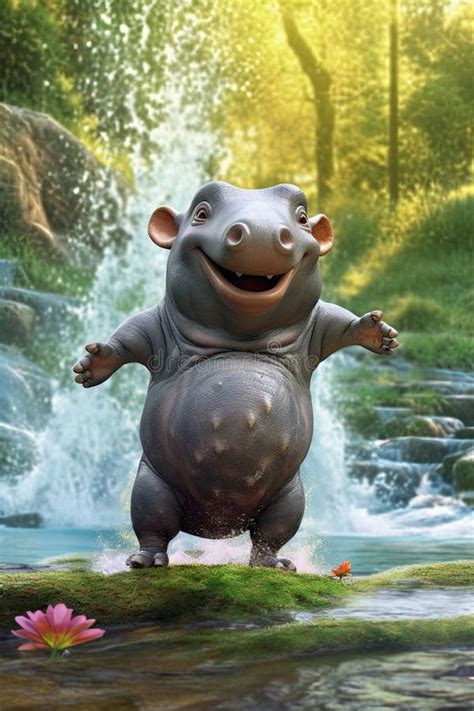 Funny Happy Laughing Baby Hippo Dancing In A Waterfall Stock