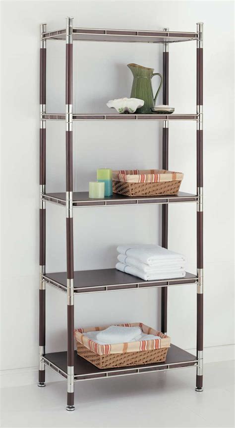 Mdesign vertical standing bathroom shelving unit tower with 3 baskets. 5-Tier Wood and Chrome Shelving Unit in Bathroom Shelves