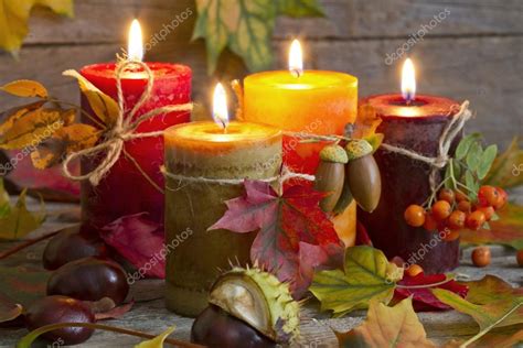 Autumn Candles With Leaves Vintage Abstract Still Life In Night — Stock