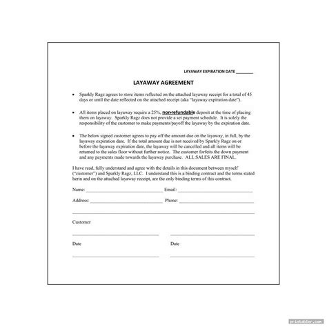 Layaway Agreement Form Printable