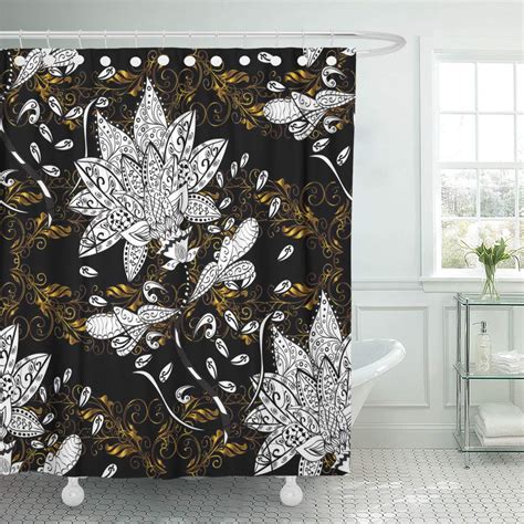This curtain includes durable metal mounting hooks. KSADK Paisley Golden Curls Oriental Arabesques on Black ...