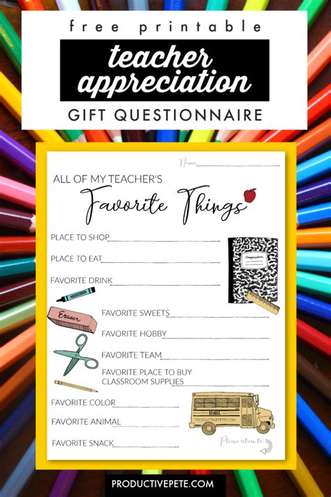 Teacher Appreciation T Questionnaire Printable For Back To School