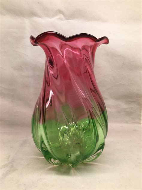 Vintage Telefloral Art Glass Swirl Vase Watermelon Etsy