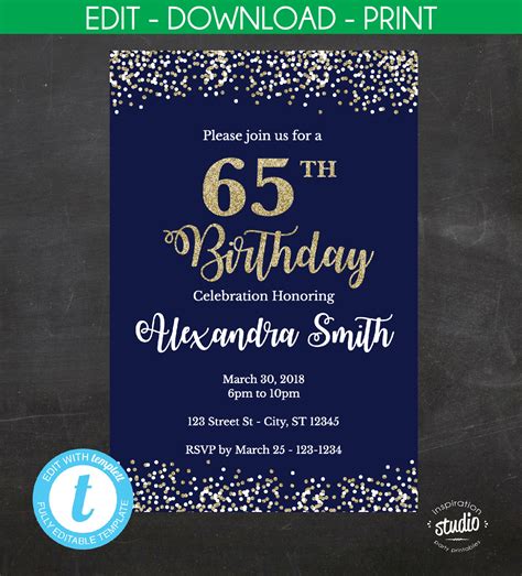 65th Birthday Invitation 65th Birthday Invite Blue And Gold Etsy Canada