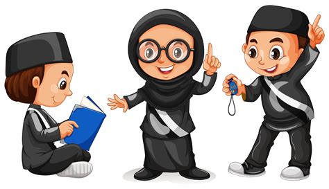 Three Muslim Kids In Black Costume 300183 Vector Art At Vecteezy