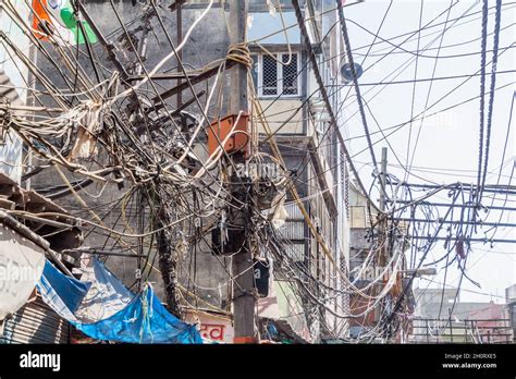 Chaotic Mess Of Electric Cables In The Center Of Delhi India Stock