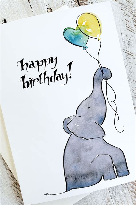 Watercolor Elephant Holding Balloons Birthday Greeting Card The