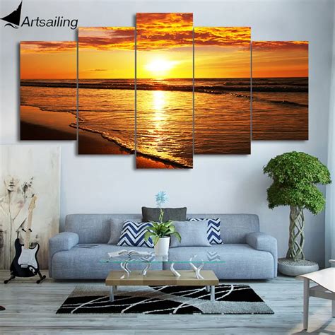 Hd Printed 5 Piece Canvas Art Golden Sunset Painting Beach Landscape