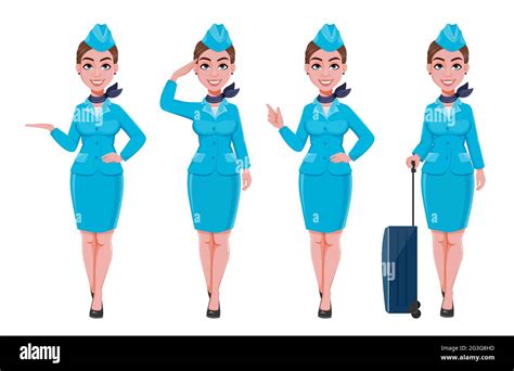 stewardess in blue uniform set of four poses beautiful woman stewardess cartoon character in