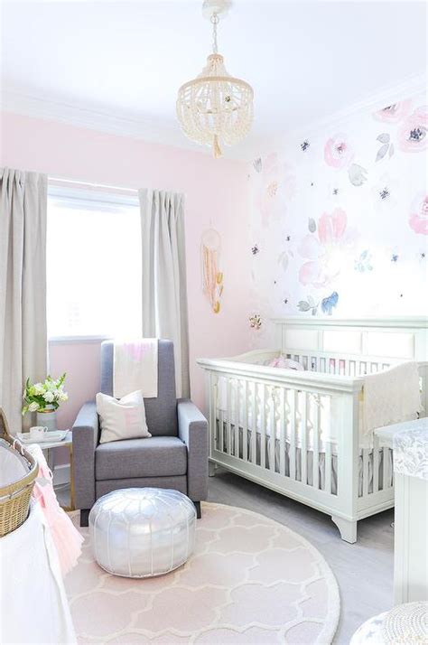 Find new round rugs for your home at joss & main. Round Pink Trellis NUrsery Rug with Gray Glider ...