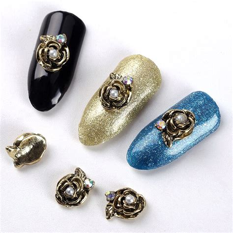 blueness 10pcs pack 3d glitter nail art rhinestones design silver bronze rose flower mix pearl