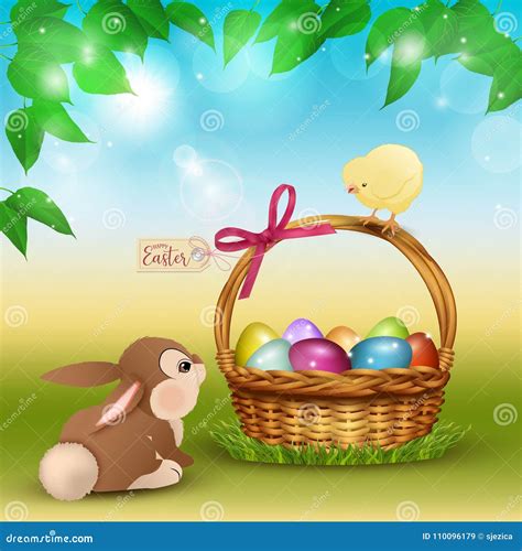 Easter Cartoon Scene With Cute Rabbit And Chicken Stock Vector