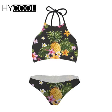 Hycool Swimwear Women Pineapple Print High Neck Bandage Swimsuit