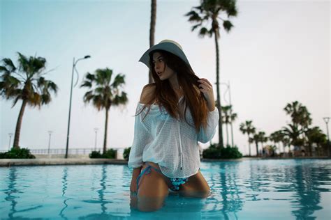 Wallpaper Bikini Swimming Pool Hat Brunette Women Outdoors Palm