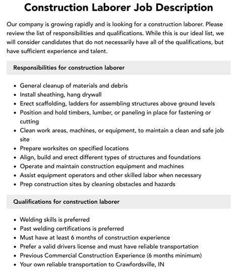 Construction Laborer Job Description Velvet Jobs