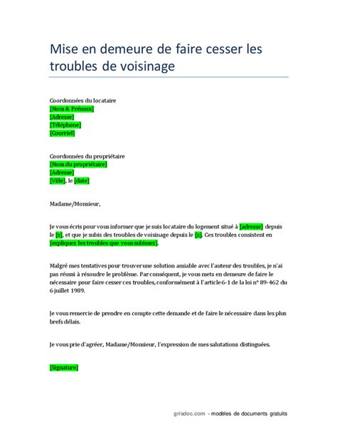 Mise En Demeure De Faire Cesser Les Troubles De Voisinage DOC PDF Page Sur