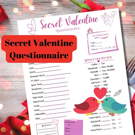 Secret Valentine Questionnaire Digital Print Printable Valentines
