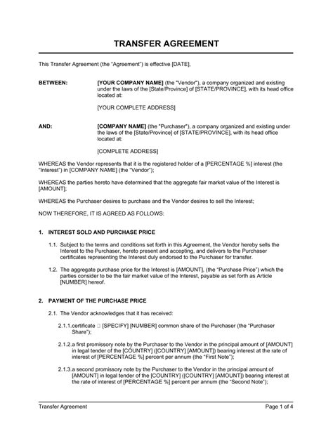 Transfer Agreement Intercompanies Template By Business In A Box