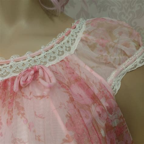 Vintage 60s Double Nylon Chiffon Long Nightgown Pink Floral Etsy