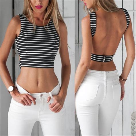 Women Sexy Sleeveless Backless Stripe Vest Tank Crop Tops Casual T Shirt Skinny Summer Beachwear