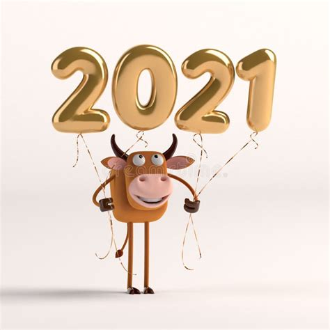 3d Illustration 2021 Year Of The Bull Cute Cartoon Bull With Balloons