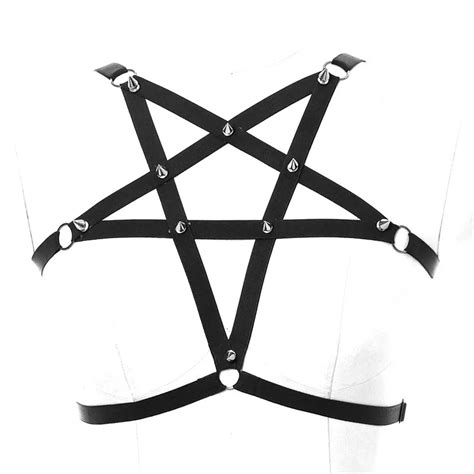 pentagram harness black halter bra elastic straps cage harness top hollow out rivet punk goth