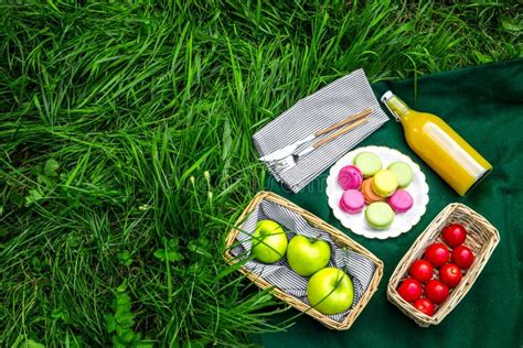 Summertime Picnic Concept Light Meal Appetizers Sweets And Fruits On