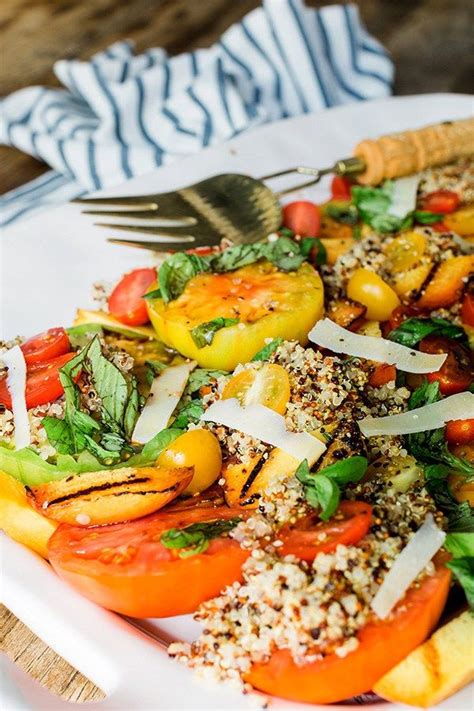 Heirloom Tomatoes With Grilled Peaches And Mustard Quinoaa Healthy