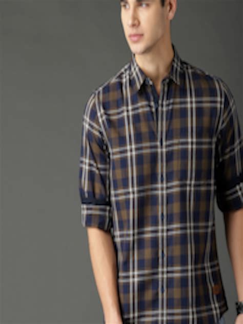 Buy Roadster Men Olive Green And Navy Blue Regular Fit Checked Casual