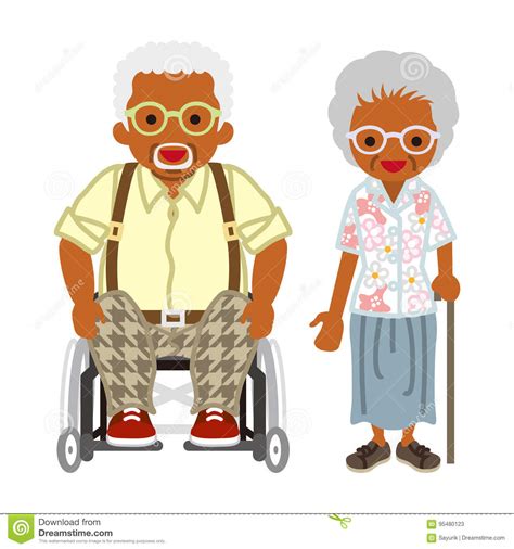 Senior Couple Africanwheelchair Grandpa Worn Eyeglasses Stock Vector
