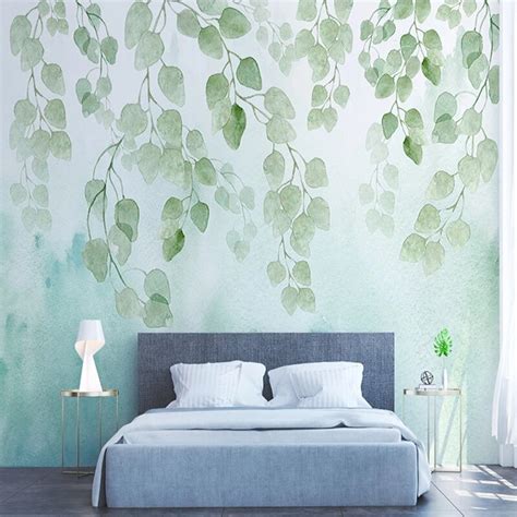 Custom Wallpaper Mural Nordic Style Watercolor Green Leaf Bvm Home