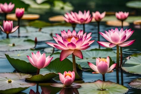 Premium Ai Image Pink Water Lilies In A Pond With Green Leaves And