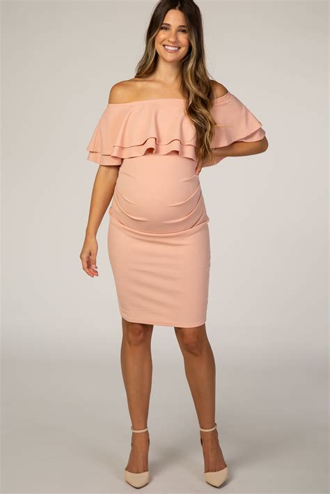 Peach Off Shoulder Fitted Maternity Dress In Fitted Maternity