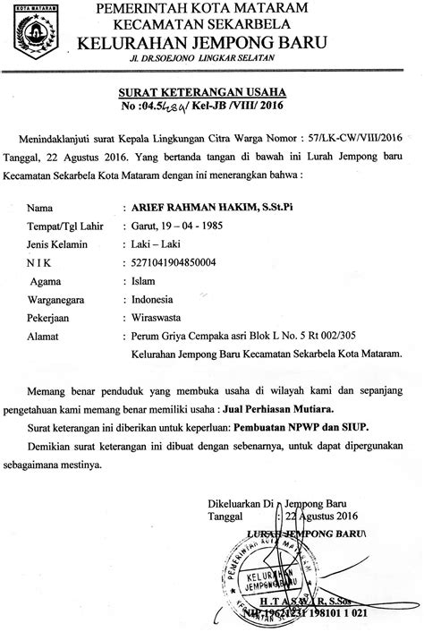 Contoh Surat Keterangan Usaha Kelurahan