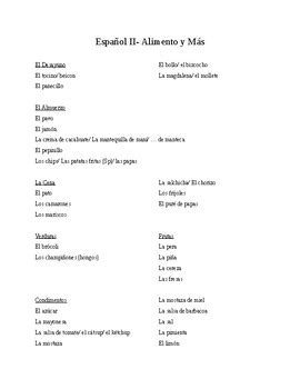 Food Vocab List Spanish II By Whatley Spanish TpT
