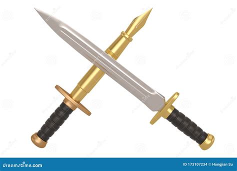 Pen And Sword Isolated On White Background 3d Illustration Stock