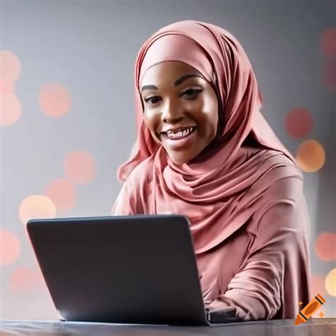 Smiling Muslim Woman Working On Laptop With Hijab