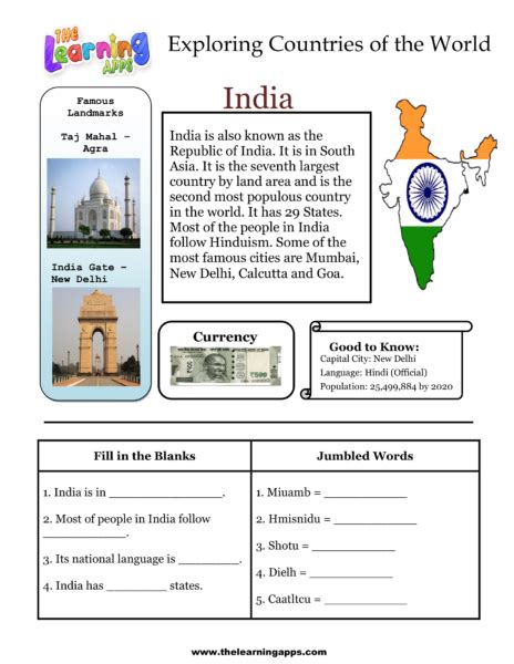 Download Free Printable India Worksheet For Kids