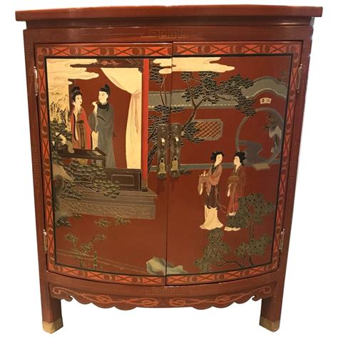Red Lacquer Chinoiserie Corner Chinese Cabinet With Painted Detailing