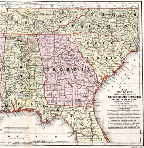 Antique 1858 Southern States Map Georgia Alabama Tennessee North