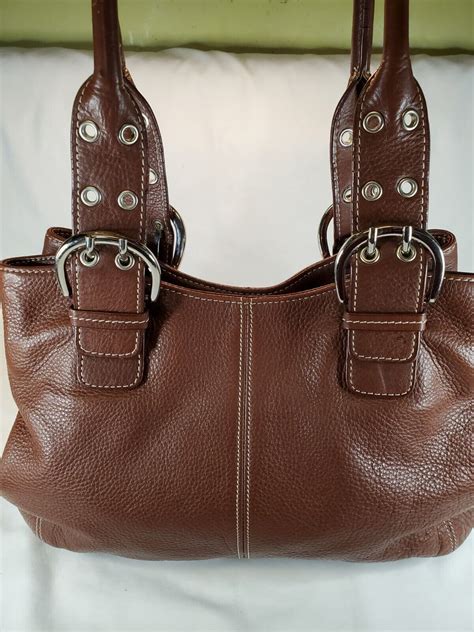 Tignanello Brown Genuine Pebbled Leather Double Handle Handbag Purse EBay