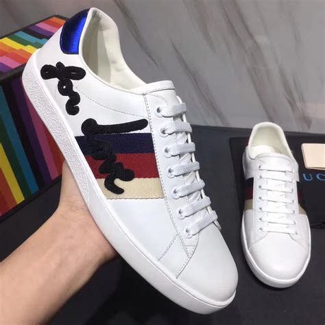Gucci Men Ace Embroidered Sneaker Shoes In Leather With Sylvie Web
