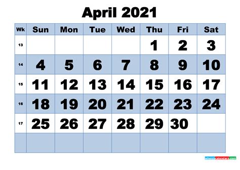 Free Printable April 2021 Calendar With Week Numbers