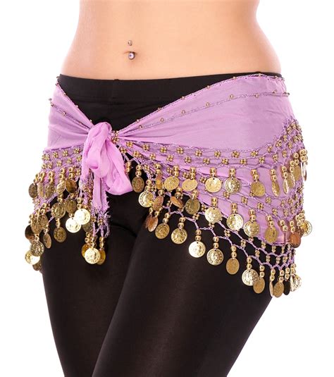 Vintage Lavender Chiffon Belly Dance Hip Scarf With Beads And Gold Coins