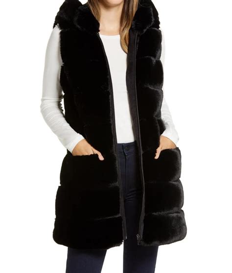 Womens Via Spiga Grooved Faux Fur Hooded Vest