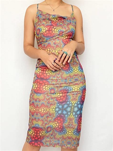 90s micromesh overlay colourful psychedelic dress
