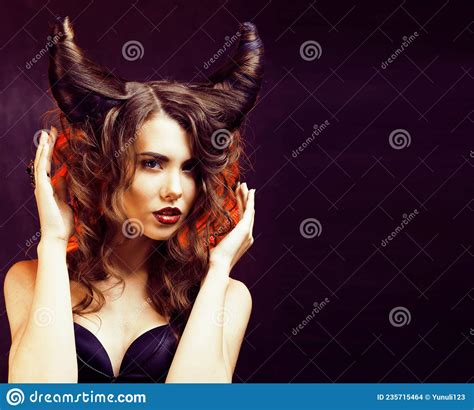 Bright Mysterious Woman With Horn Hair Halloween Celebration Stock