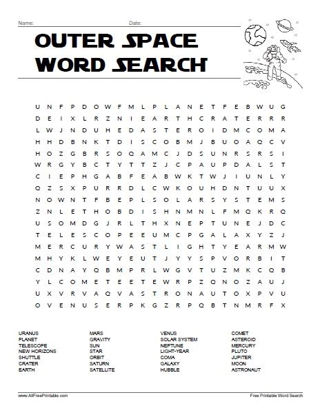 Outer Space Word Search Free Printable